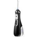 Portable oral irrigator in black, pink, or white with USB cable and two nozzles.
