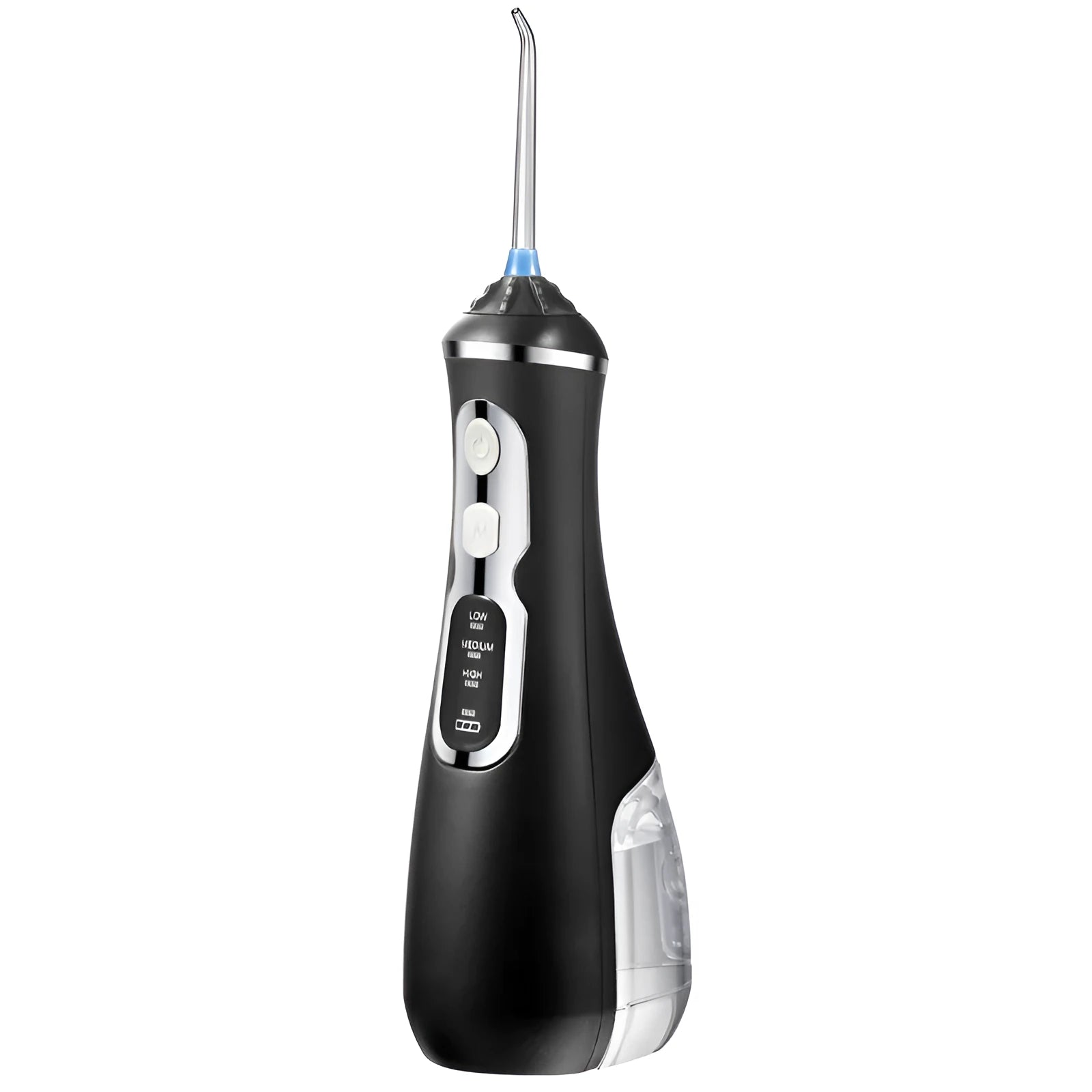 Portable oral irrigator in black, pink, or white with USB cable and two nozzles.