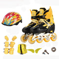 Yellow children's adjustable roller skates with aluminium frame, shown with protective pads, helmet, and backpack.