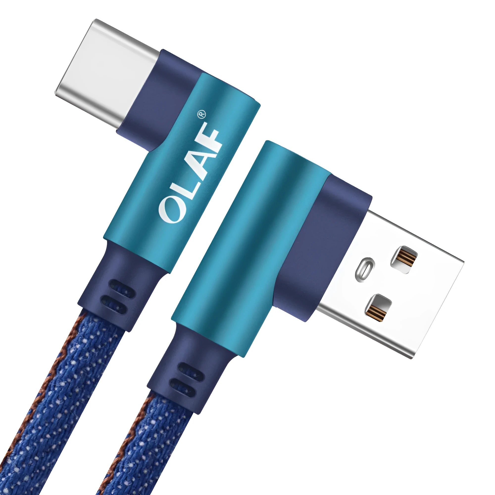 Denim fabric fast charging USB cable with aluminium connectors in black, blue, and red for Android and Type C phones.