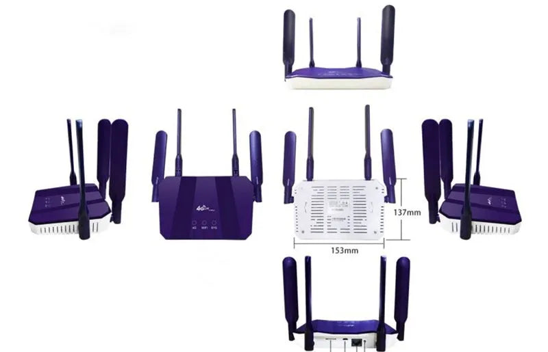 Blue 4G dual-mode wireless router with four external antennas.