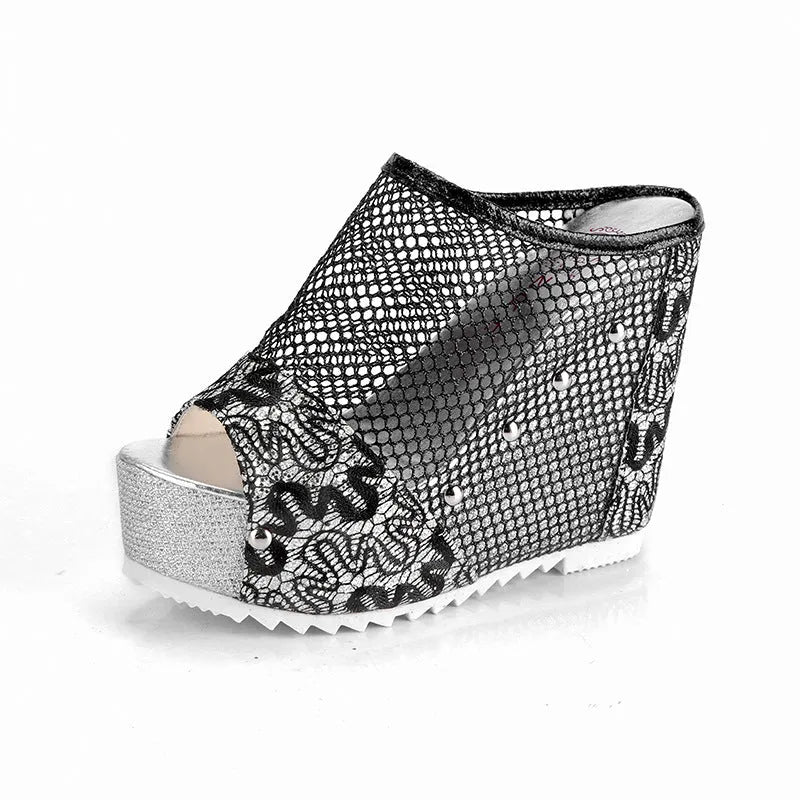 Korean style platform sandals with hollowed chunky heels and lace-up mesh upper