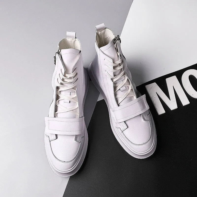 Men's black and white PU leather ankle boots in high-top sneaker style for winter.