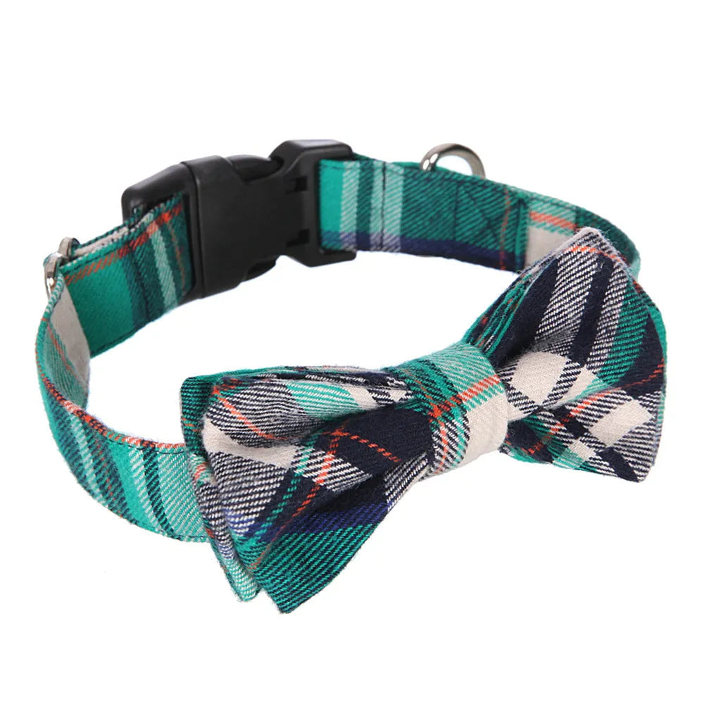 Cloth grid pattern dog bow collar in blue with S size for small to medium dogs