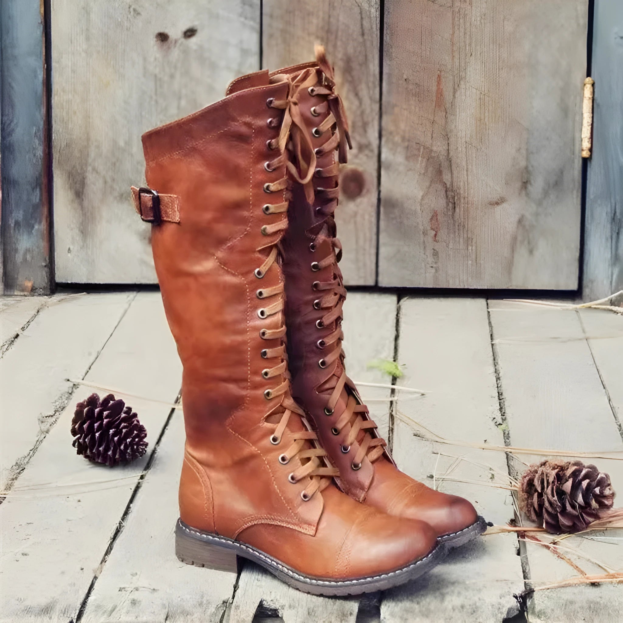 Women's black chunky heel high leg boots with a round toe and low profile.