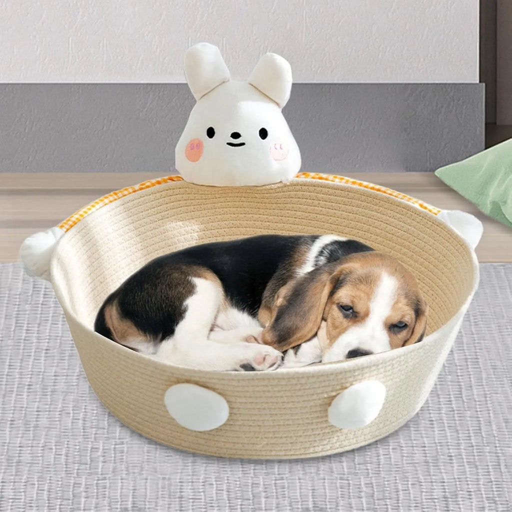 Woven cotton rope cat bed with scratching board in bear design, showing basket shape with textured surface