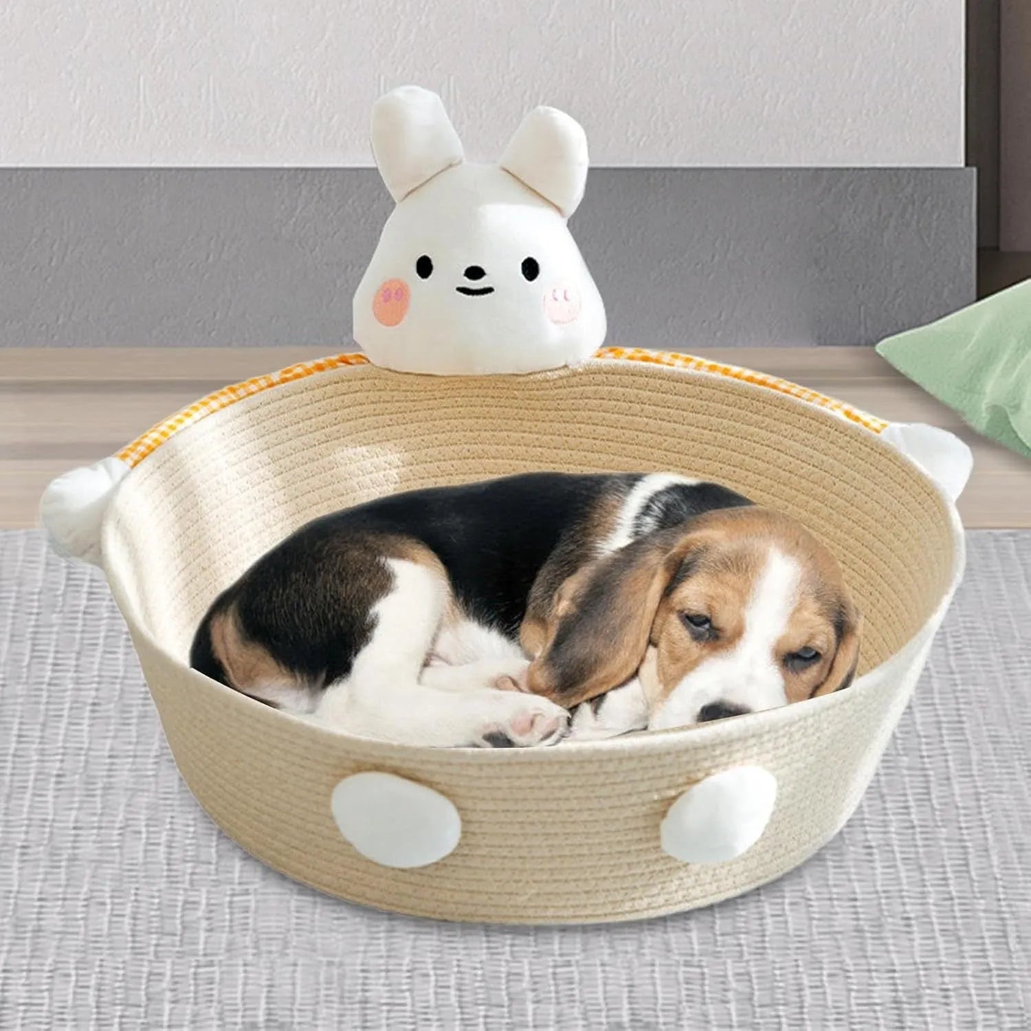 Woven cotton rope cat bed with scratching board in bear design, showing basket shape with textured surface