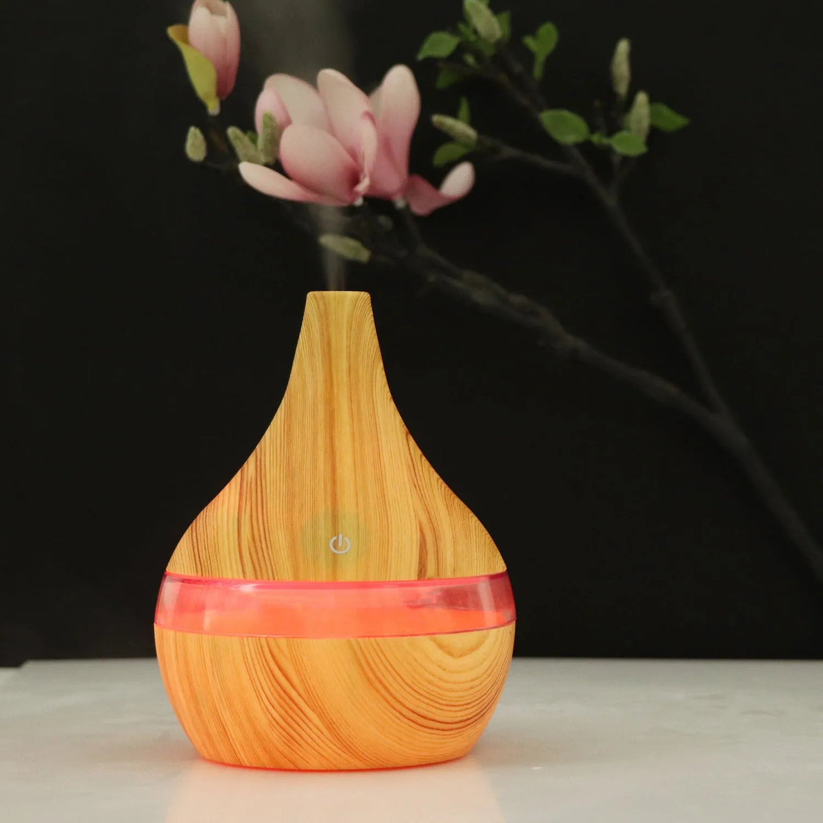 USB mini tip air purifier humidifier in wood grain, columnar shape, less than 1L tank, one fog outlet, 2-8 hour timer.