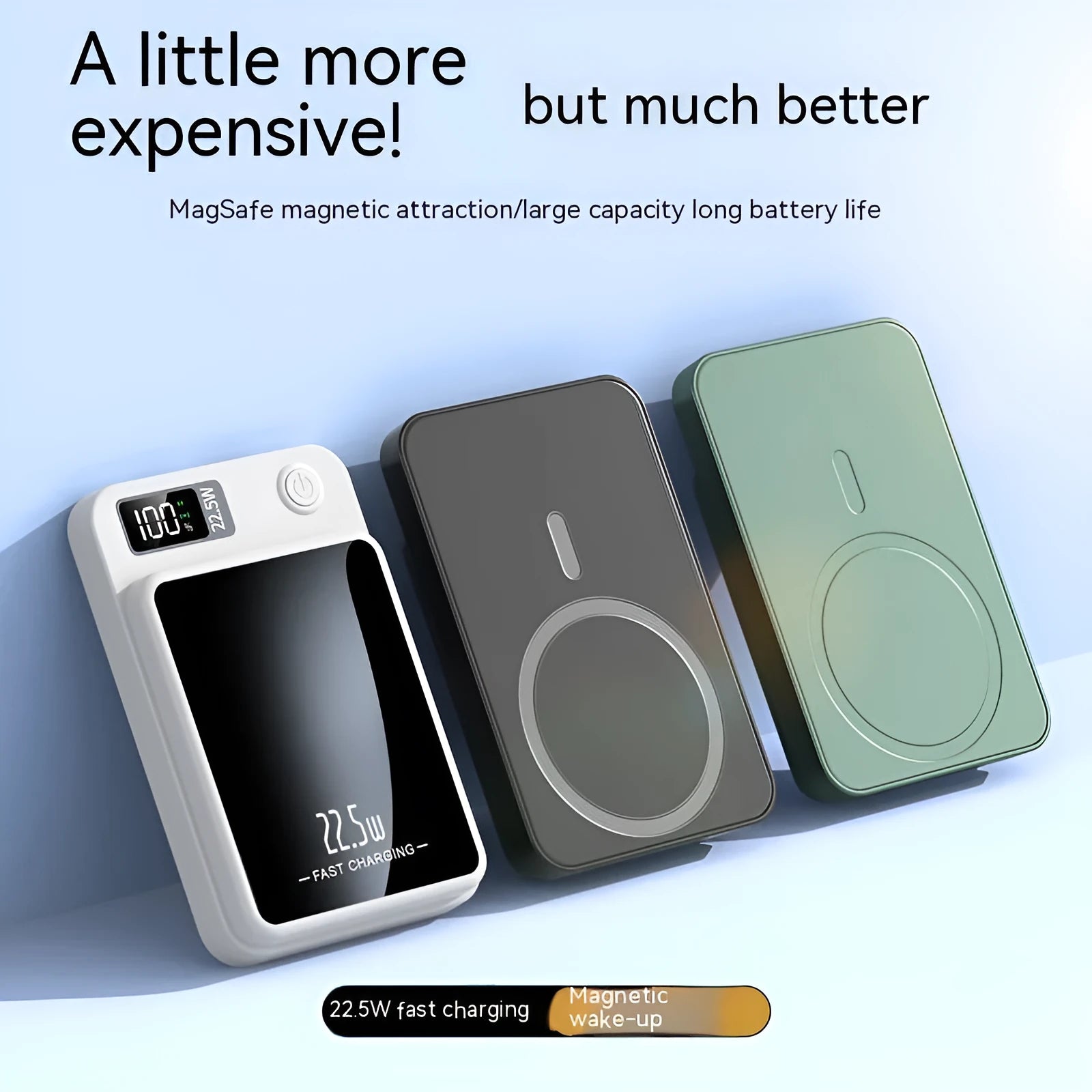 Wireless MagSafe power bank in black, showing industrial style plastic shell and compact rectangular shape.