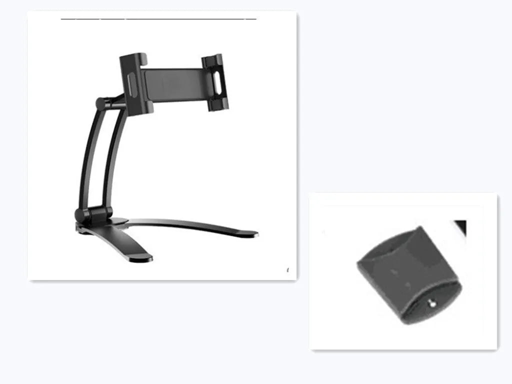 Silver aluminium alloy desktop tablet stand with white mount holding a tablet at an angle.