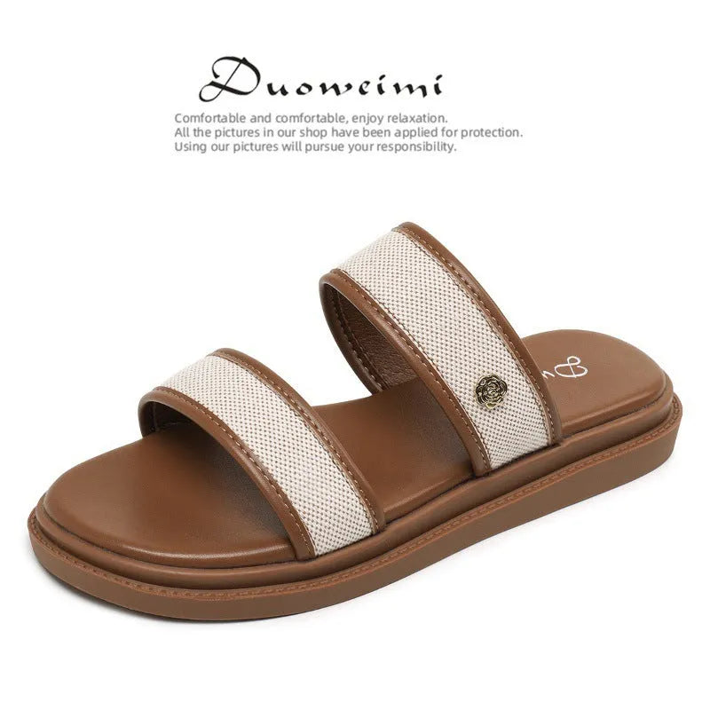 Women's brown and black soft bottom flip-flops with artificial PU upper and retro style