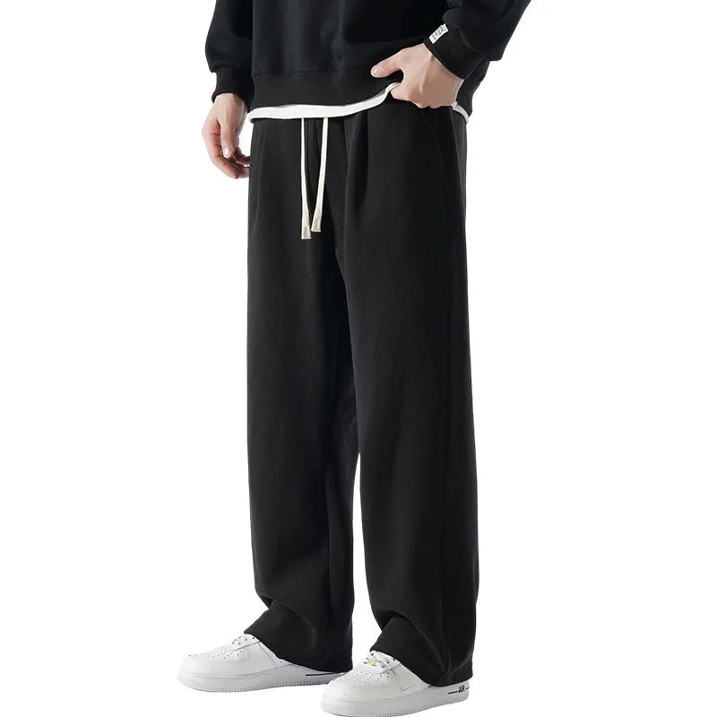 Men's double-sided polar fleece winter trousers with wool lining in loose fit Korean style
