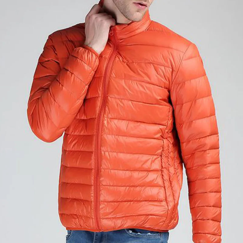 Men's lightweight quilted stand collar winter coat in black, down cotton filler, medium length 65cm, sizes M to 10XL