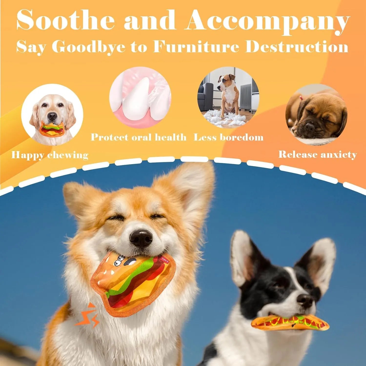 Colourful crinkle and squeak dog toy in a fast-food burger shape on a white background.
