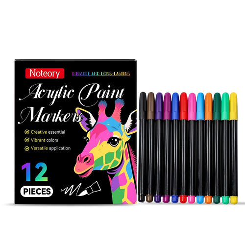 Set of 12 acrylic paint markers with fine tips for use on glass, metal, wood and canvas.
