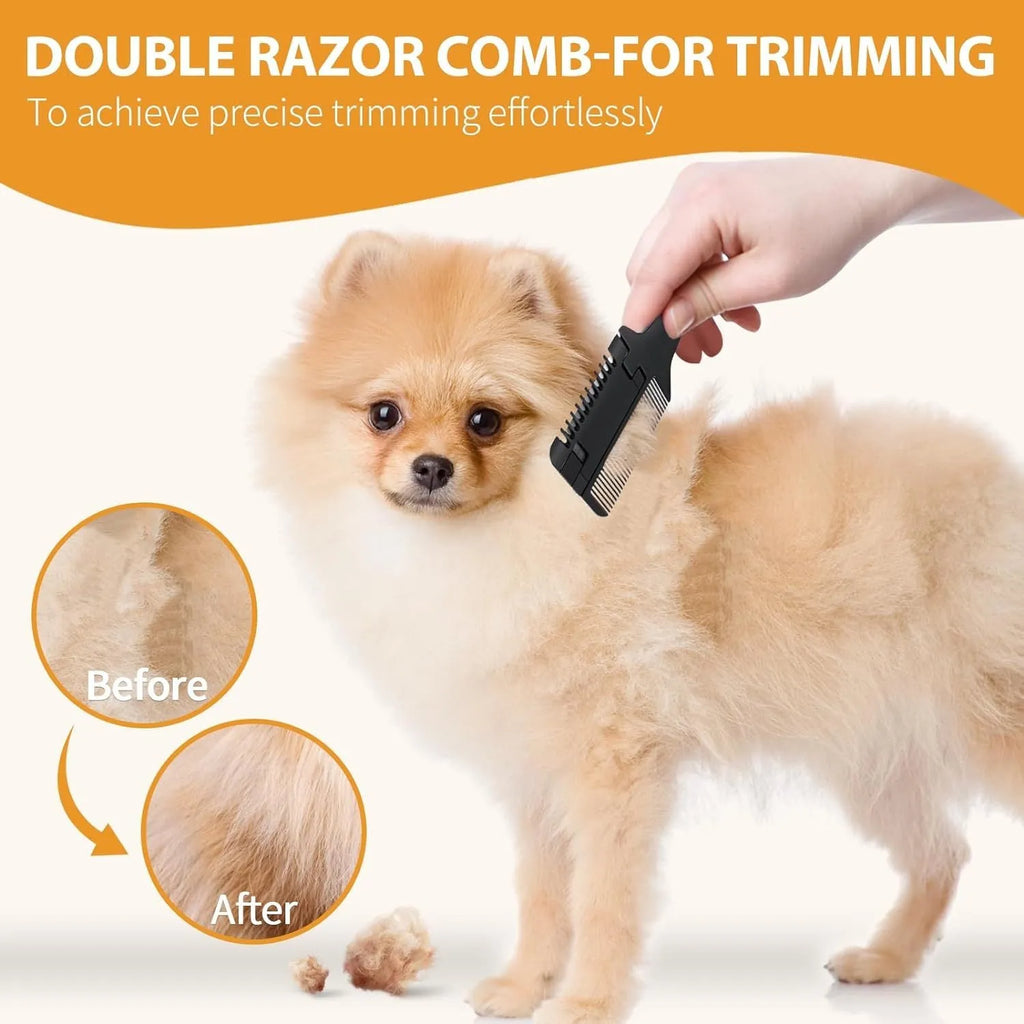 Pet razor comb with comb teeth and trimming blade, includes 10 spare blades for dog and cat grooming.