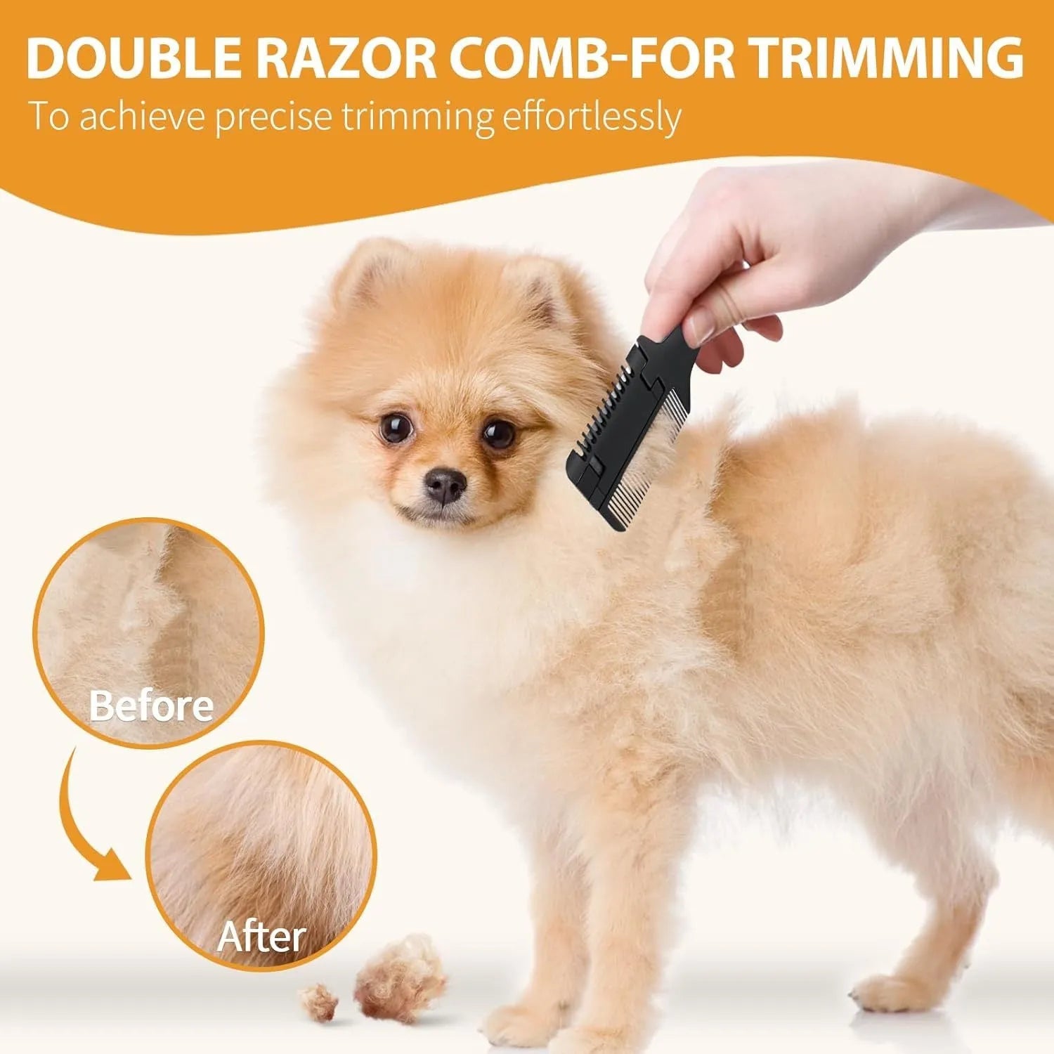 Pet razor comb with comb teeth and trimming blade, includes 10 spare blades for dog and cat grooming.