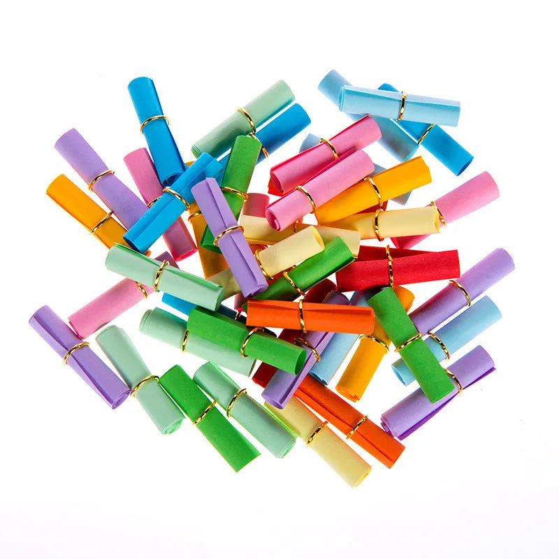 Colourful mini letter paper scrolls with eyelet holes for bottle messages in multiple sizes