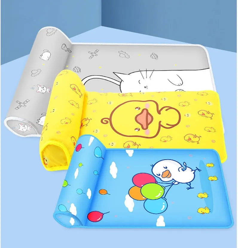 Blue running duck print cooling dog mat with raised pillow on non-slip waterproof fabric backing