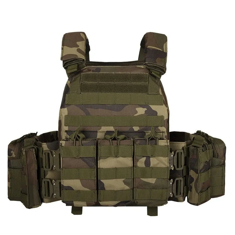 Men's camouflage polyester tactical vest for outdoor training and shooting sports.