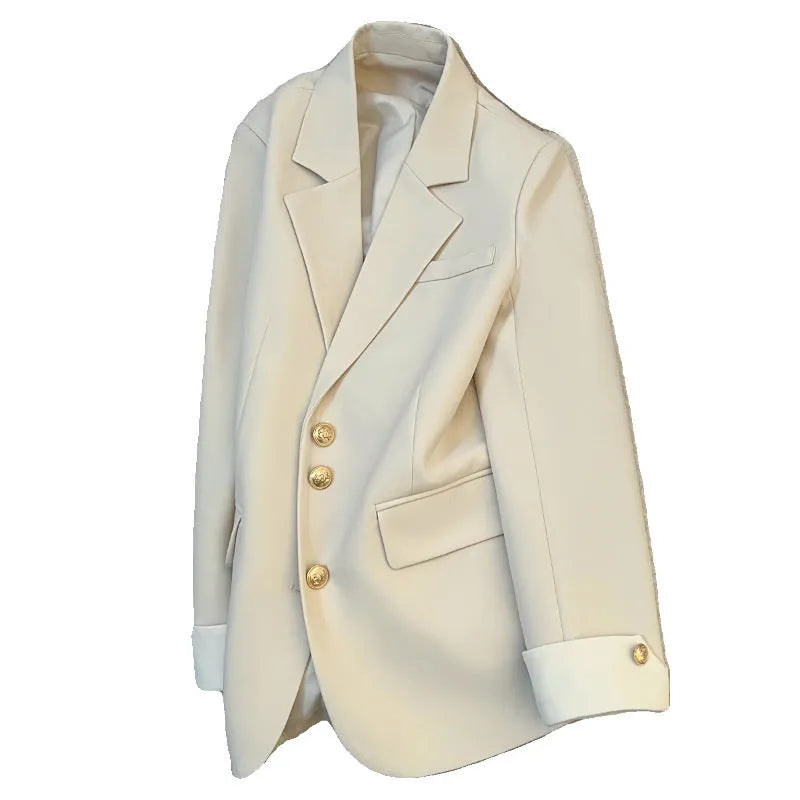 Women's loose fit Korean style coat in milky white, showing long sleeves and pockets.