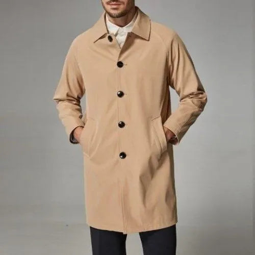 Men's khaki loose fit mid-length trench coat made from rabbit fur fabric