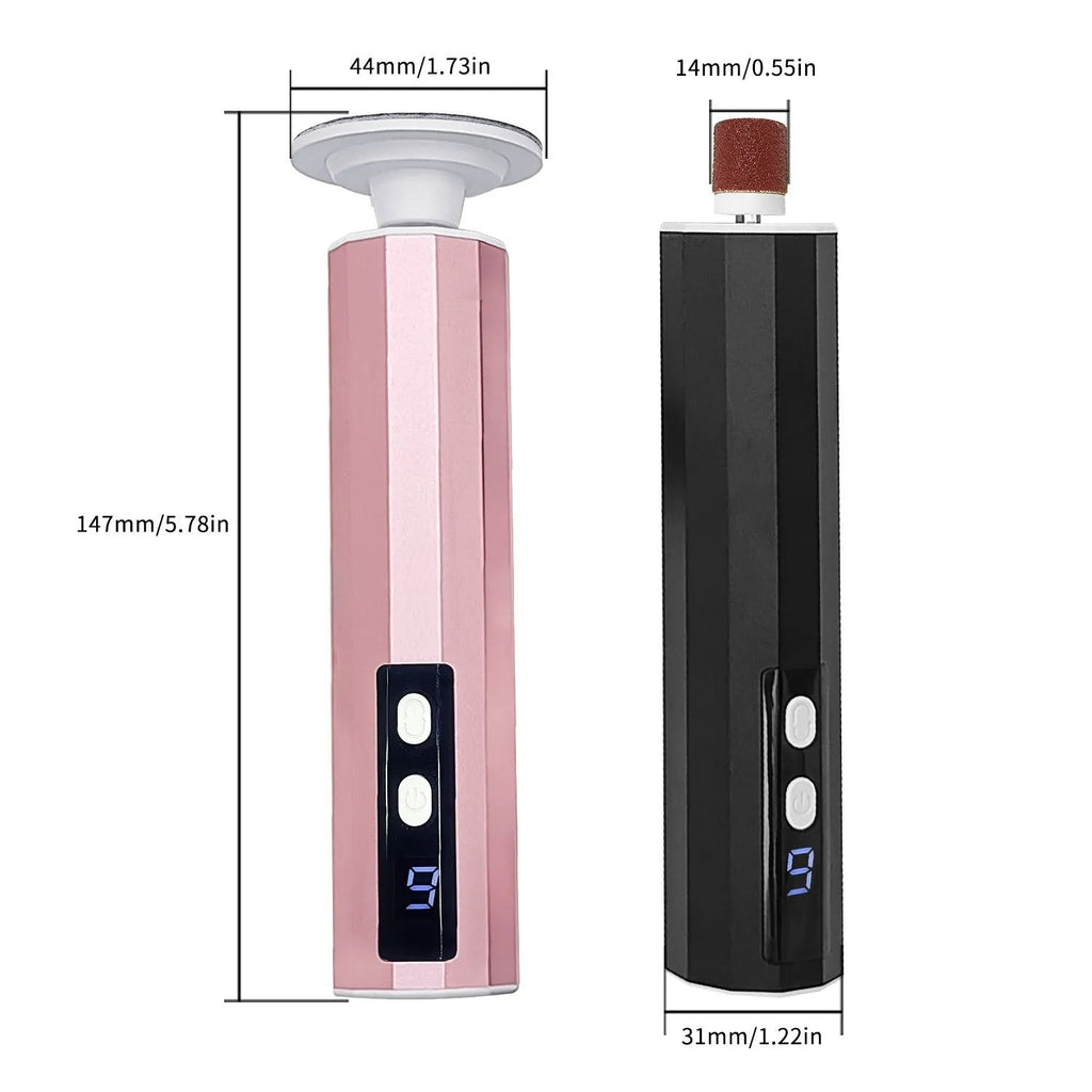 USB rechargeable electric callus remover and nail trimmer set with sandpaper discs on a pink background