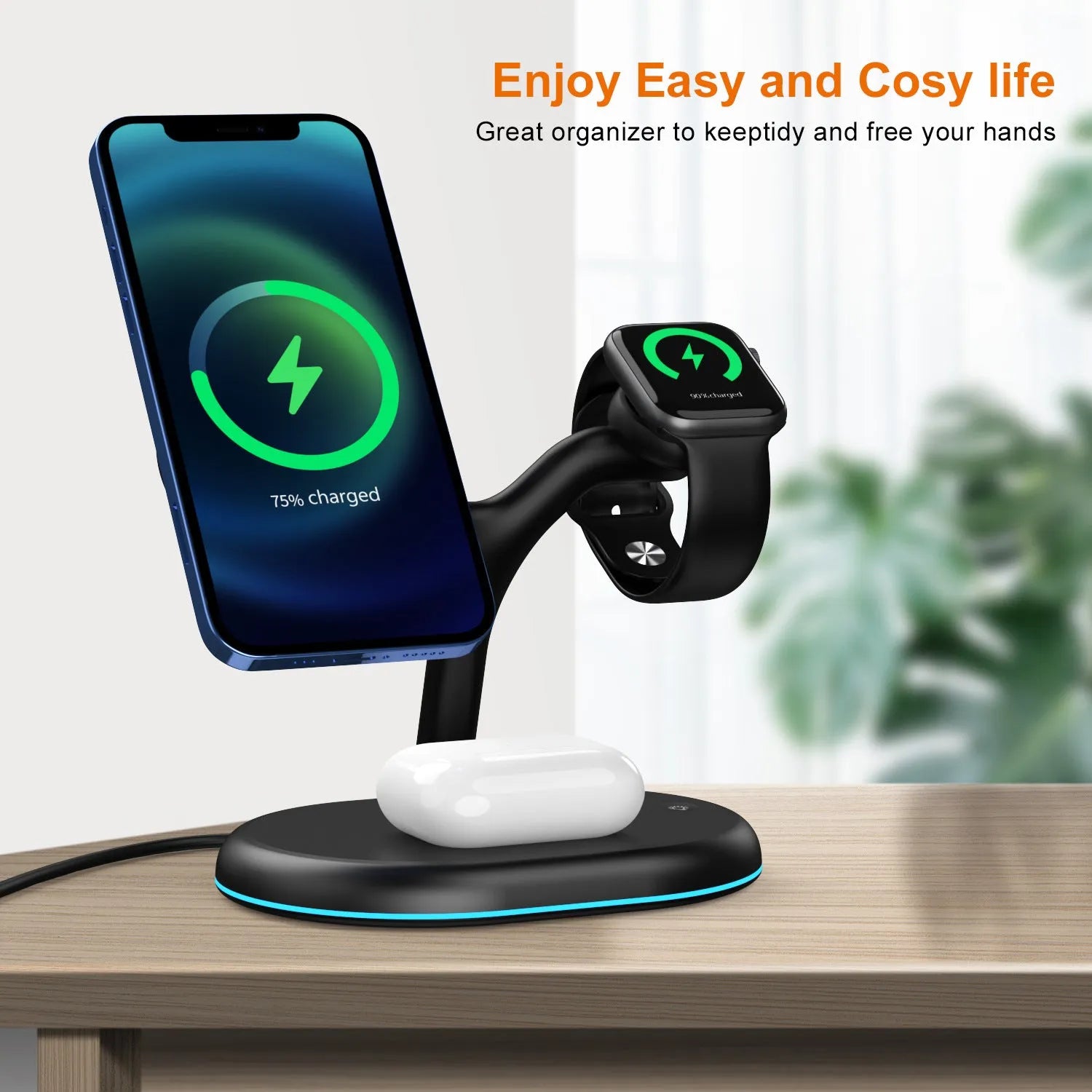 Black three-in-one magnetic wireless charger for Apple Watch, iPhone and AirPods on a desk