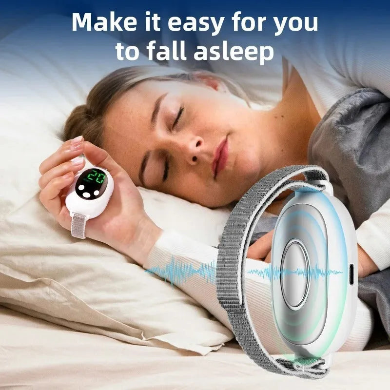 White handheld sleep aid instrument with remote control and adjustable intensity settings