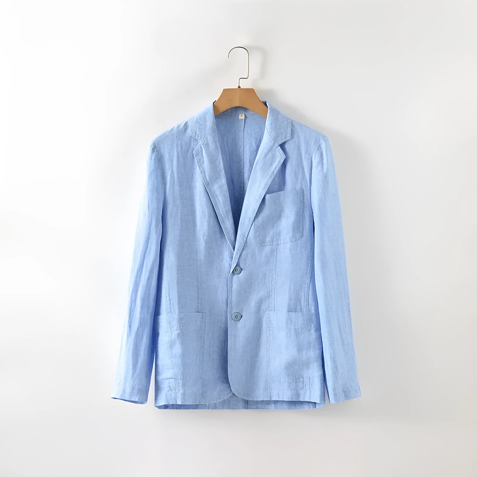Men's thin solid colour linen coat with stick pockets on a hanger.