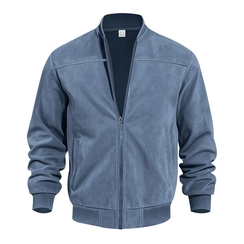 Men's plus size suede casual jacket with zipper closure in Army Green colour showing regular sleeve design