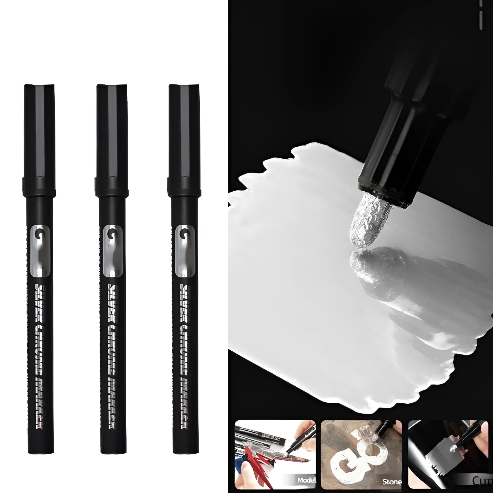 Waterproof mirror marker pen with plastic shell, shown with 1mm and 2mm tip options for glass writing.