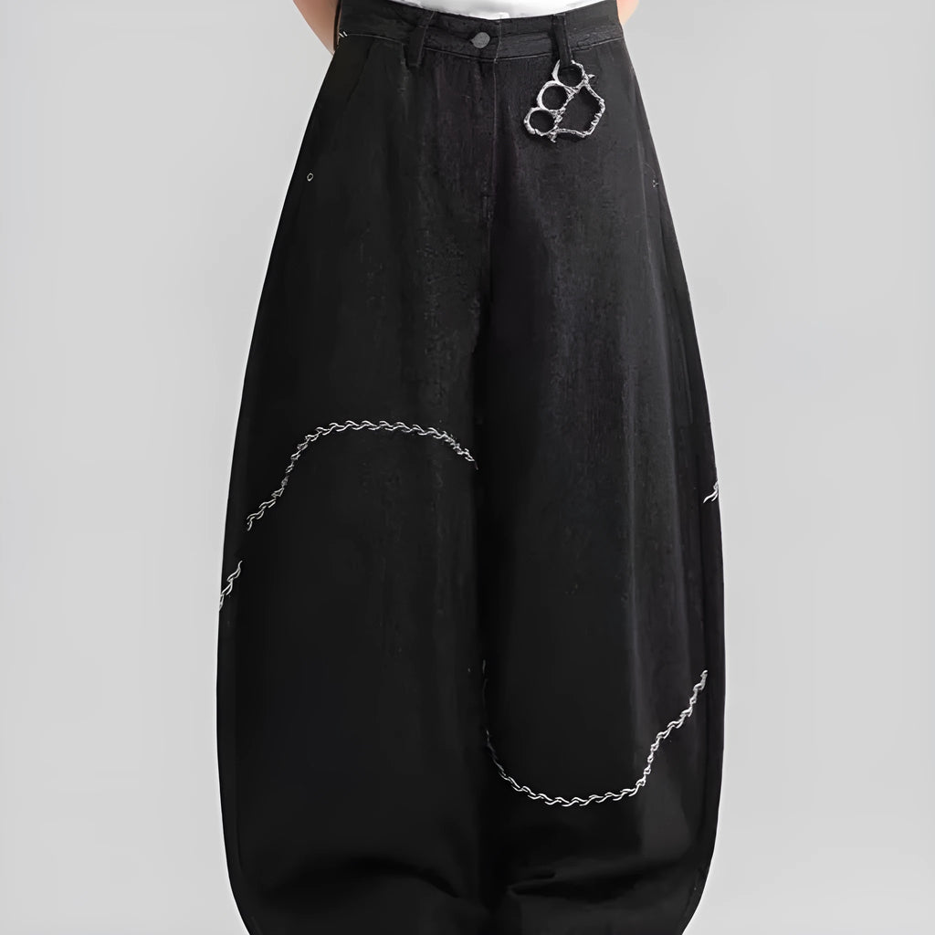Black straight leg denim trousers with micro elastic waistband and zip fly placket detail