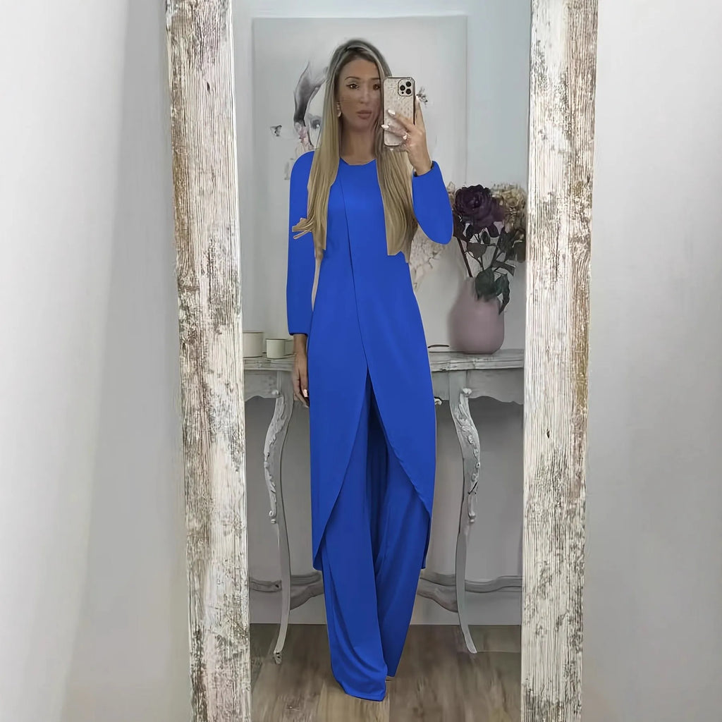 Women's casual two-piece lounge set showing long sleeve top and trousers in loose fit
