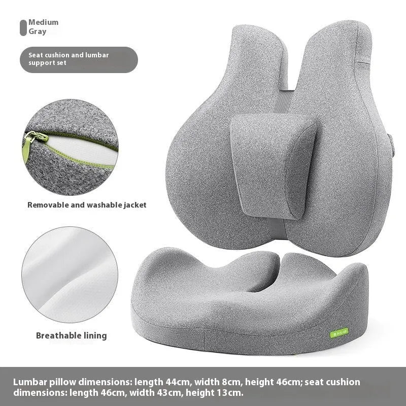 Medium grey cotton waist protection cushion and lumbar support set with adjustable top waist stretch for office chair