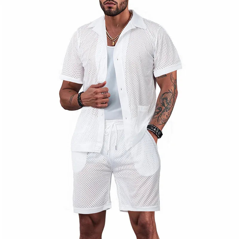 Women's light blue see-through short sleeve cardigan and matching shorts beach set laid flat.