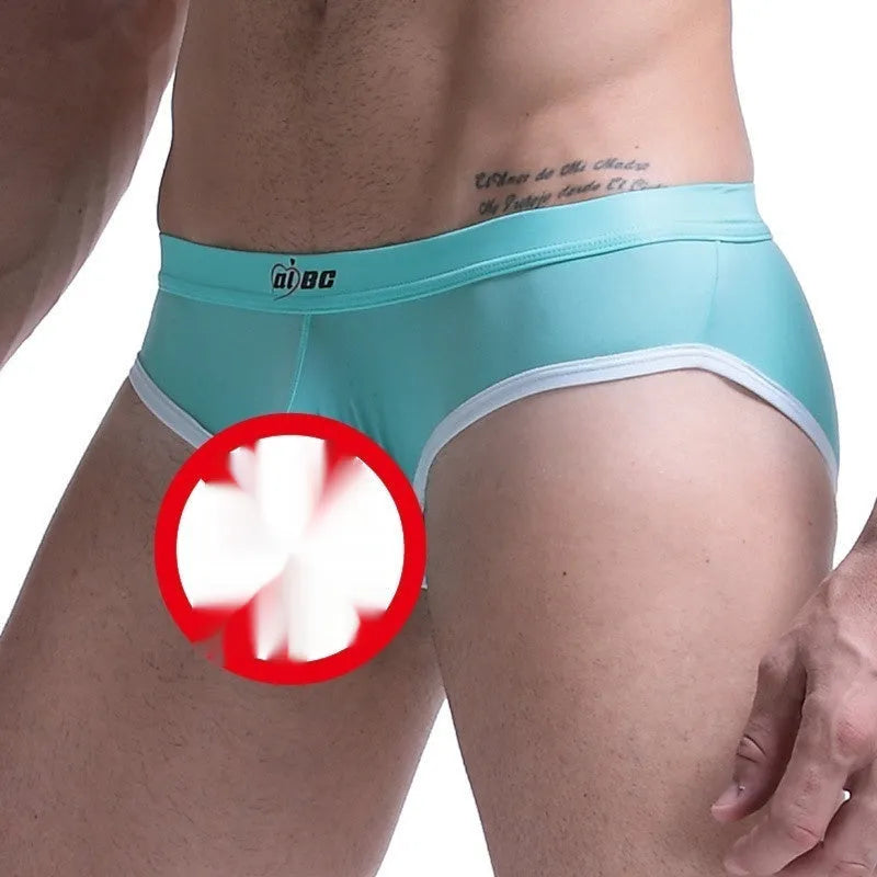 Men's ice silk bullet separation briefs in seven colours including army green, shown in mid-waist style.