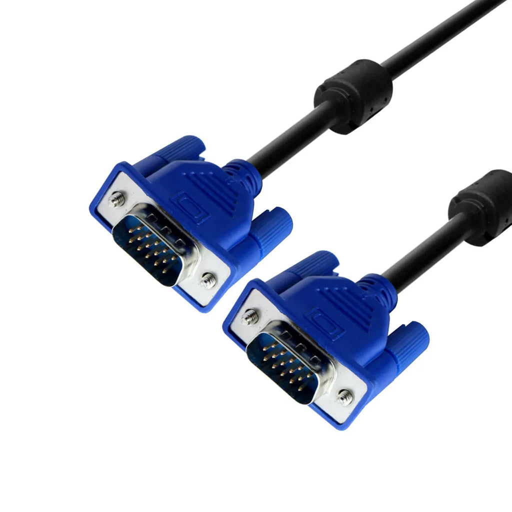 Black VGA cable with blue connector heads, 1.5 metres long, for connecting computers to monitors and TVs.
