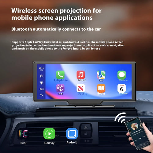 10-inch car touchscreen display showing Apple CarPlay navigation map and live rear camera view for parking.