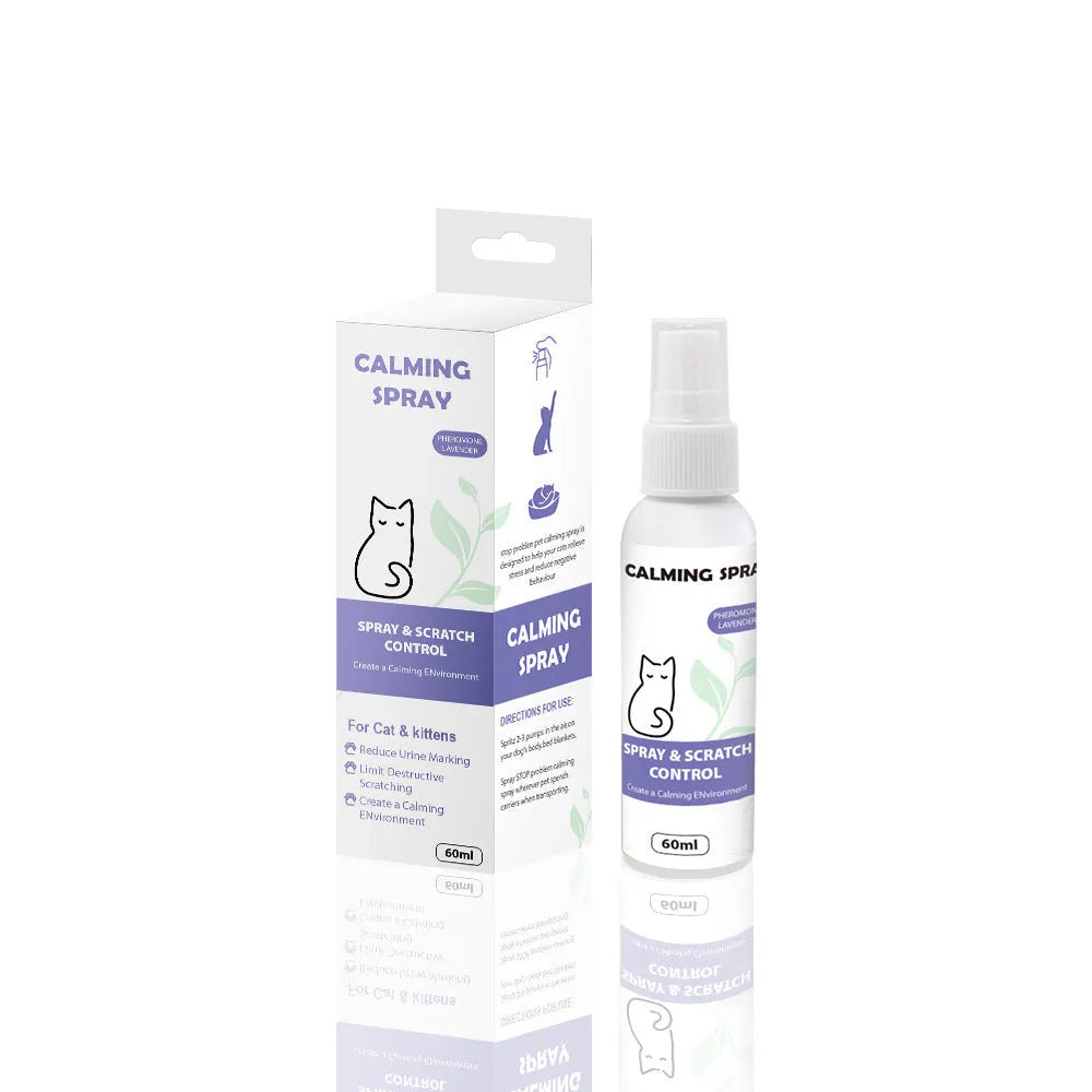 Purple 60ml pet calming spray bottle with organic oil formula for cats and dogs, TPR material