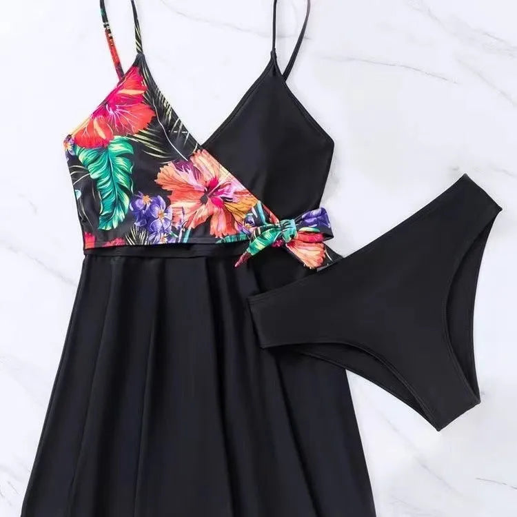 Black women's high-waist printed split bikini briefs for swimming and sport activities