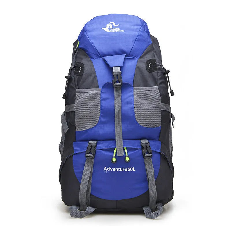 50L waterproof foldable nylon backpack in red with adjustable straps and chest belt