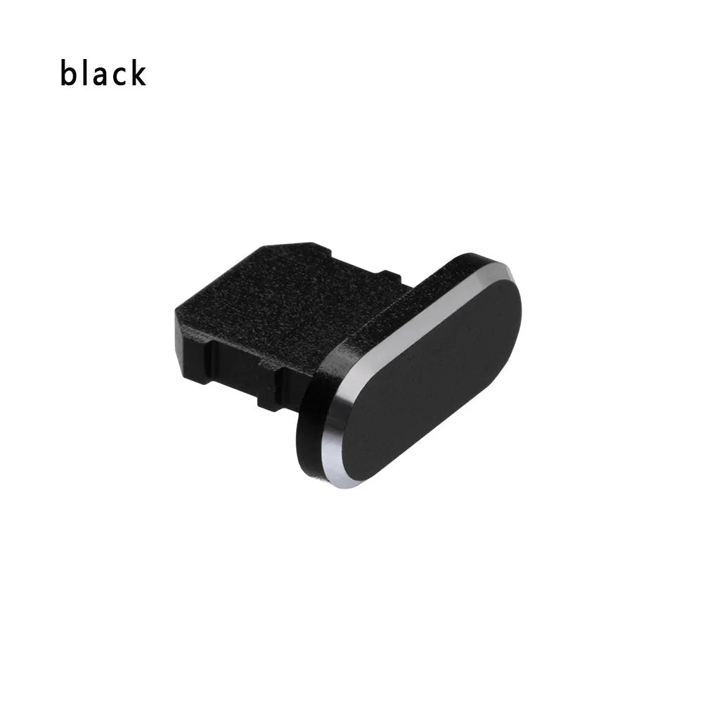 Aluminium alloy charging port dust plug for iPhone in various colours including gold, silver, blue, and black.