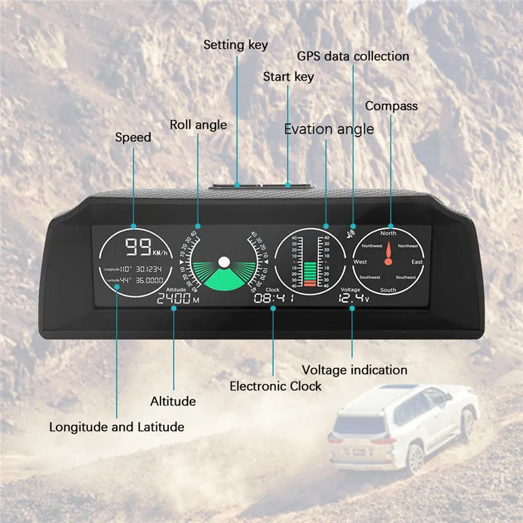 GPS GO 2 Universal Car Heads-Up Display (HUD) monitor with carbon fibre body on a car dashboard.