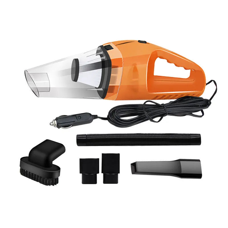 Portable 12V car vacuum cleaner with attachments in orange, black, or blue