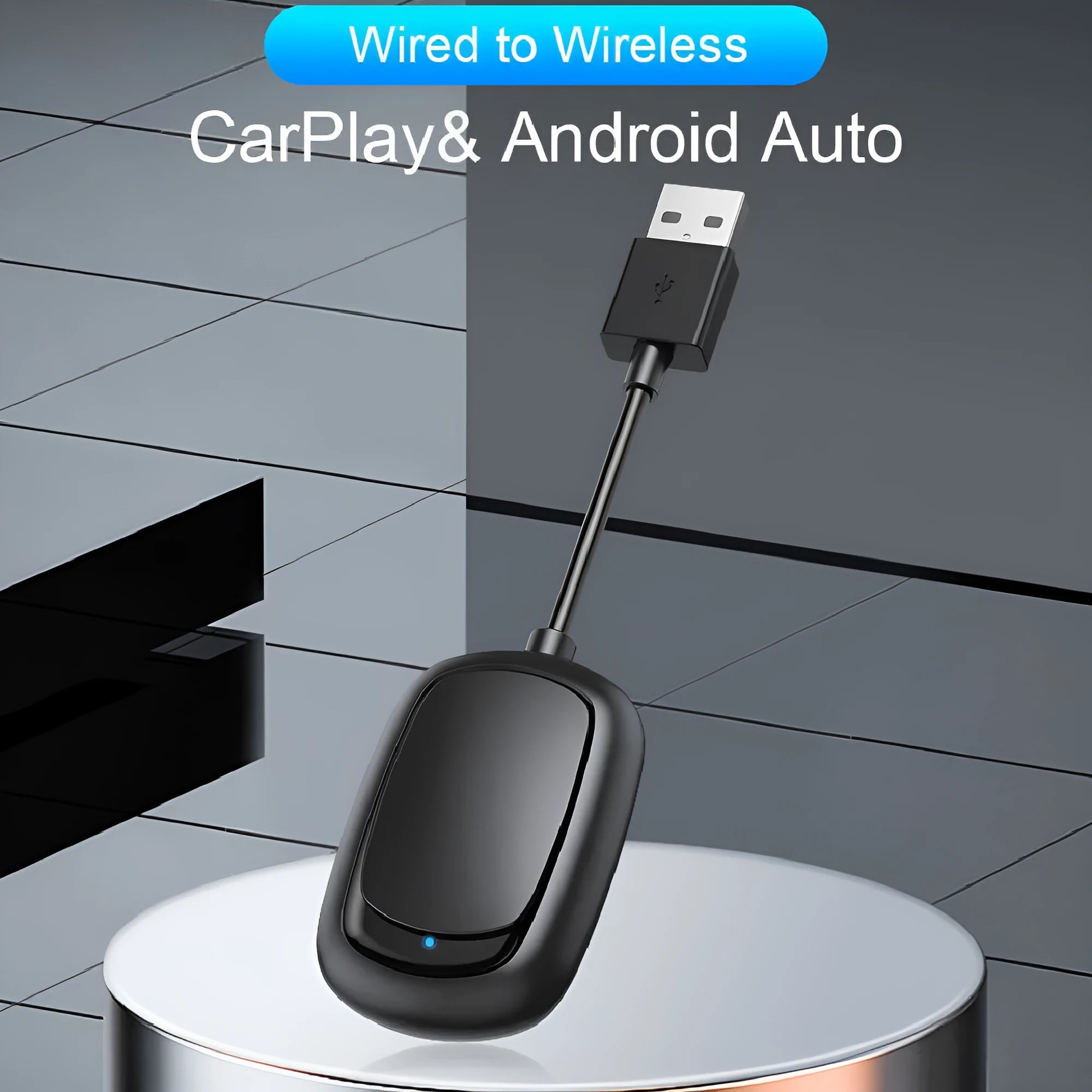 Wireless CarPlay Android Auto adapter with USB connection in ABS plastic housing