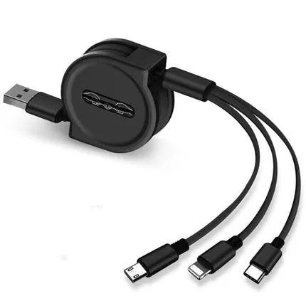 3 in 1 telescopic charging cable with TPE cable and titanium alloy connectors in multiple colours