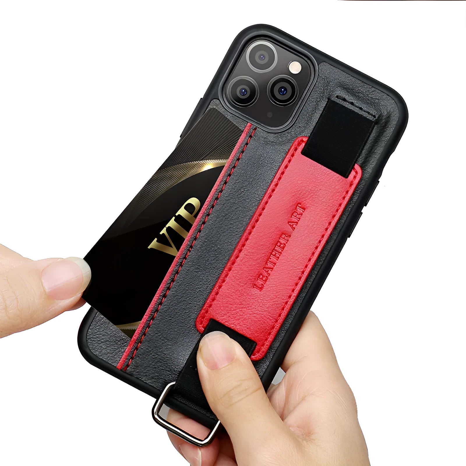 Imitation leather wristband phone case for iPhone with stretchable strap in brown colour
