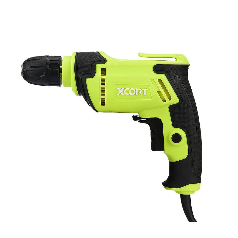450 watt pistol-grip electric drill on a workbench, showing its compact size and keyless chuck.