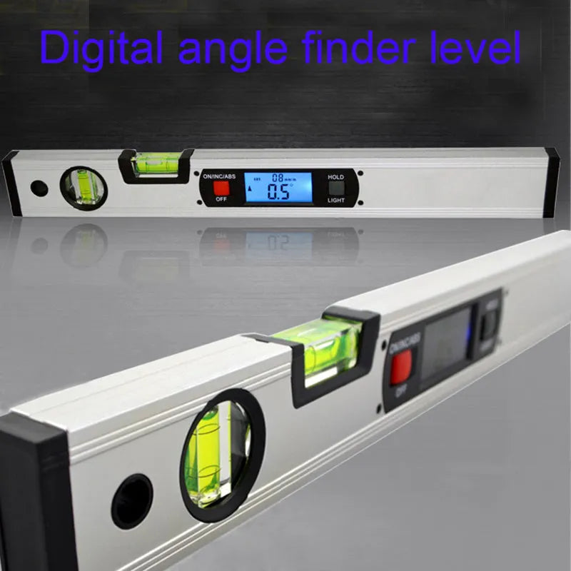 Digital magnetic angle meter with 400mm ruler, flip-up LCD screen, and 4 built-in magnets on black base
